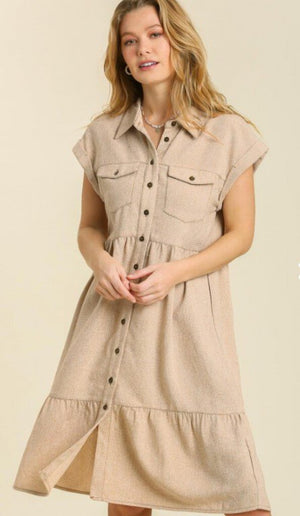 Short Sleeve Linen-Like Button Up Dress